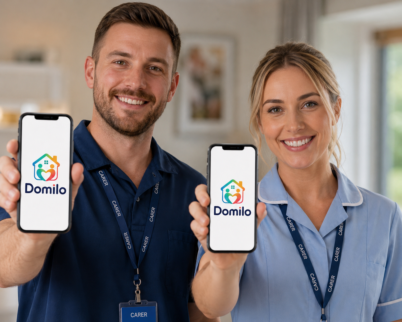 Two Carers smiling and holding up phones showing the Domilo logo